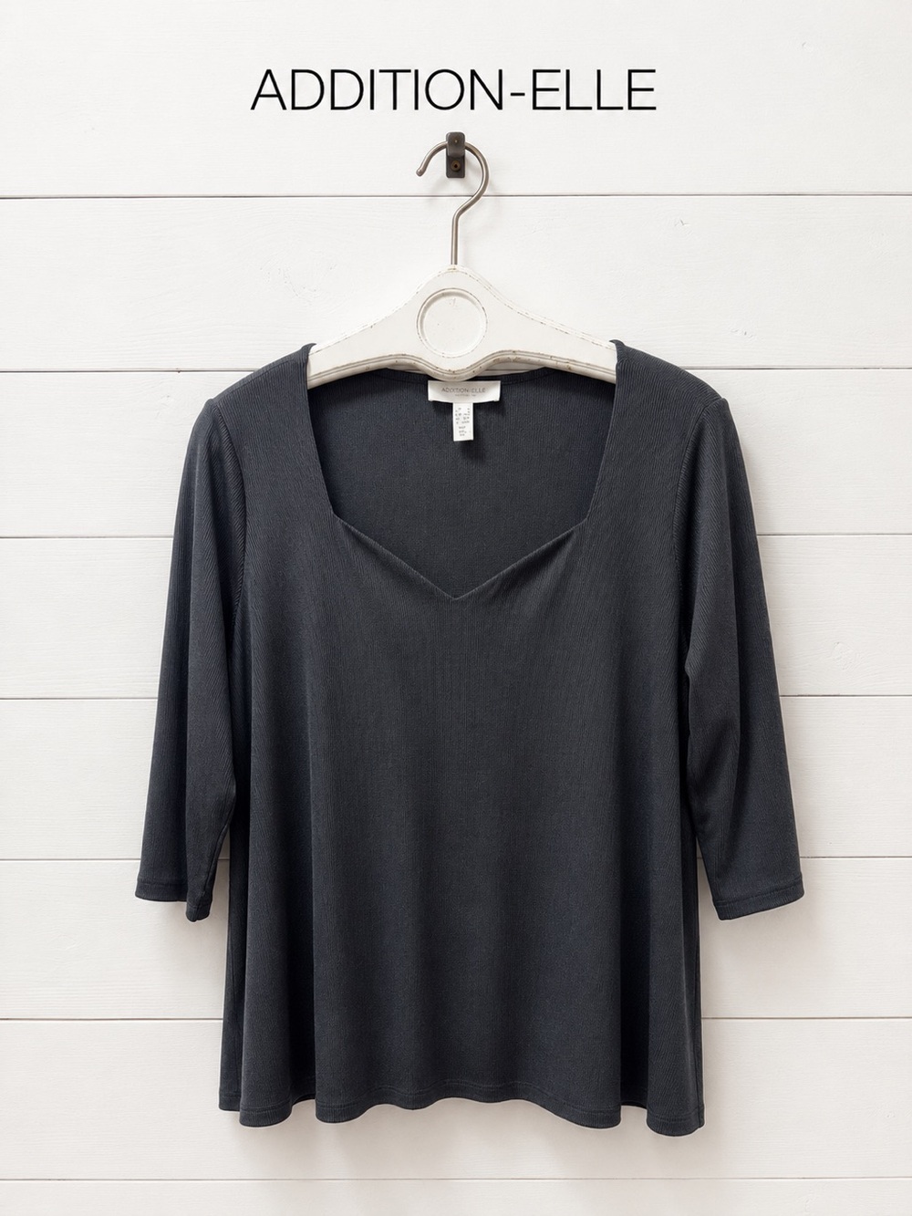 ADDITION ELLE Charcoal Ribbed V-Neck Top Size 1X